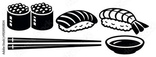 Simple line art sushi set featuring maki, nigiri, chopsticks, and a soy sauce bowl for Japanese restaurant menus
