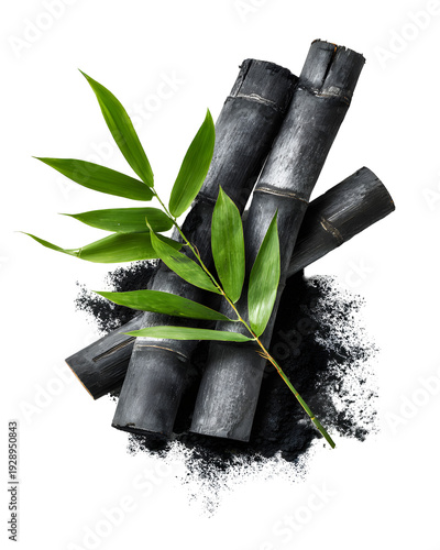 Fresh bamboo charcoal pieces with green leaves isolated on transparent background