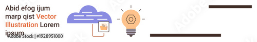 Technology, cloud storage, innovation, data sharing, creativity, digital illustration. A lightbulb with a digital cloud and document icon. Cloud storage and innovation ideas concept