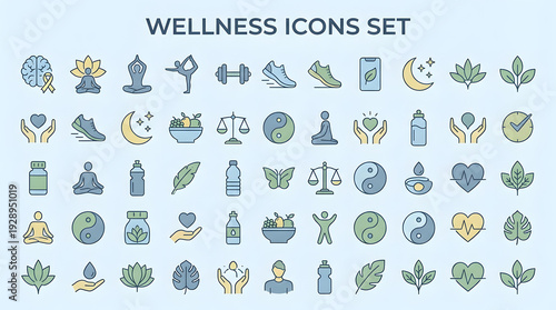 Conjunto de iconos de bienestar y salud en azul claro