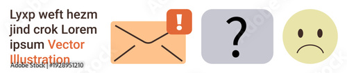 Communication, emotions, notifications, problem-solving, uncertainty, messaging. Envelope with alert symbol, question mark and sad face. Communication and emotions with distinct symbols