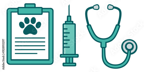 Flat line art veterinary icon set featuring a clipboard with a paw print, a syringe, and a stethoscope for pet health care