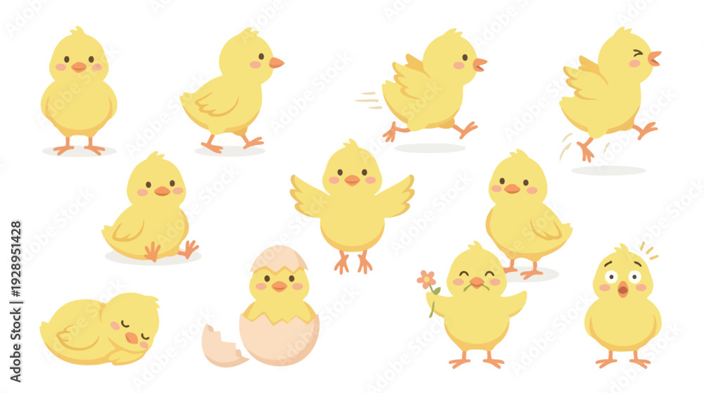 Fototapeta premium A charming collection of adorable yellow chicks in various playful poses and activities, perfect for spring and Easter themes.