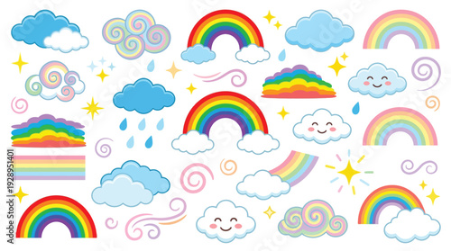 A vibrant collection of colorful rainbows, fluffy clouds, and sparkling stars, perfect for whimsical designs.