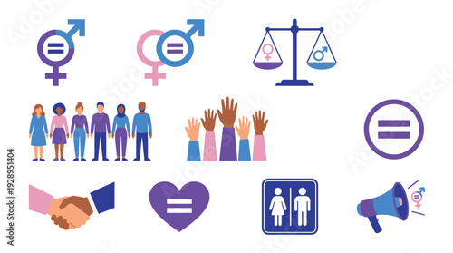 Collection of icons representing gender equality, diversity, human rights, and social justice concepts.
