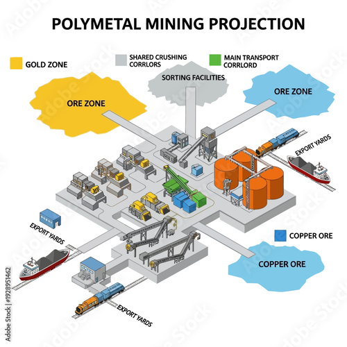 Polymetal Mining Operation Diagram Illustration.