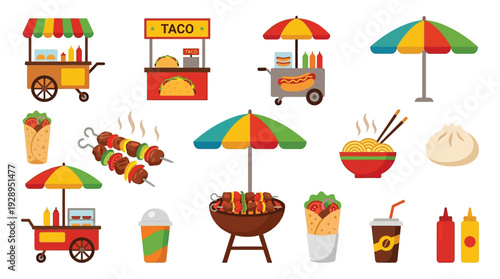 A vibrant collection of street food stalls, food carts, umbrellas, and various delicious food items like tacos, kebabs, and wraps, presented in a colorful flat illustration style.