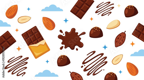 A delightful assortment of chocolate bars, truffles, almonds, and cocoa beans scattered across a white background with playful clouds and stars.
