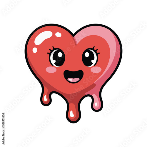 Cute glossy valentines heart mascot, melting liquid emotion expressions, romantic celebration sticker greeting illustration