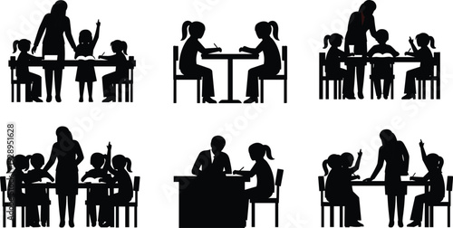 Black silhouette collection of teachers and students in classroom settings, including tutoring sessions, group learning, and children