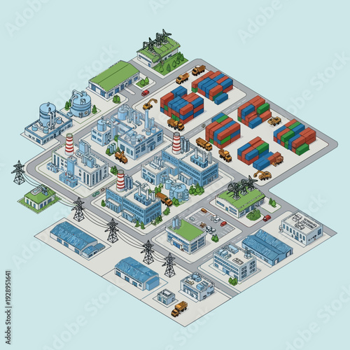 Isometric Industrial Complex with Buildings and Containers.