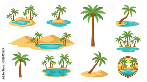 Collection of various desert oasis scenes featuring palm trees and water, illustrating tropical and arid landscapes.