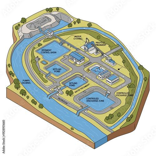 Water Treatment Plant 3D Model Illustration.