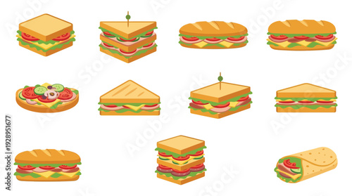 A vibrant collection of diverse sandwiches and a wrap, showcasing various fillings and bread types in a clean, isolated presentation.