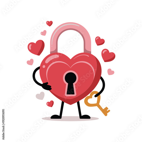 Valentines heart lock mascot illustration, romantic wings and key symbol, festive love protection badge for greeting designs