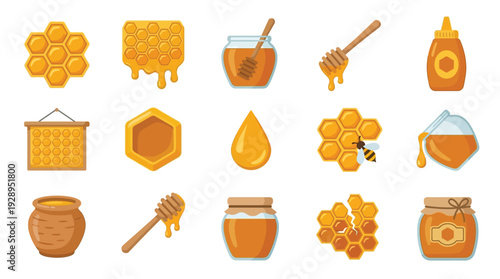 A collection of 15 flat vector icons representing various aspects of honey production and consumption, including honeycombs, jars, and dippers.