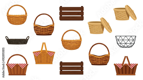 A collection of various woven baskets and wooden crates, showcasing different styles and materials for storage and transport.