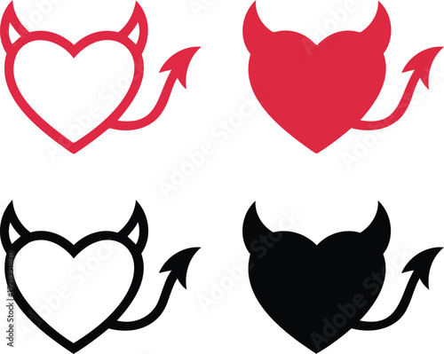 Devil Heart Vector Icons Collection in Red and Black Colors Featuring Horns and Pointed Tail for Spooky Valentine Design