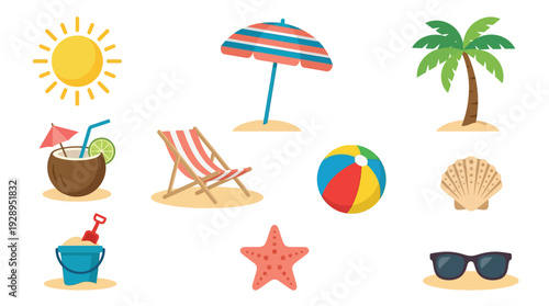 A vibrant collection of beach-themed illustrations including a sun, coconut drink, deck chair, beach ball, palm tree, and sand bucket.