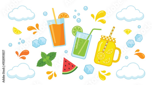 Orange juice, green juice, and lemonade, surrounded by ice cubes, mint leaves, watermelon slices, citrus fruits, and playful water splashes, set against a backdrop of fluffy clouds.