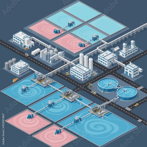 Isometric Industrial Water Treatment Plant Facility.
