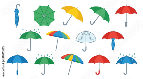 A collection of various colorful umbrellas, some with rain falling, displayed in a grid pattern against a white background.