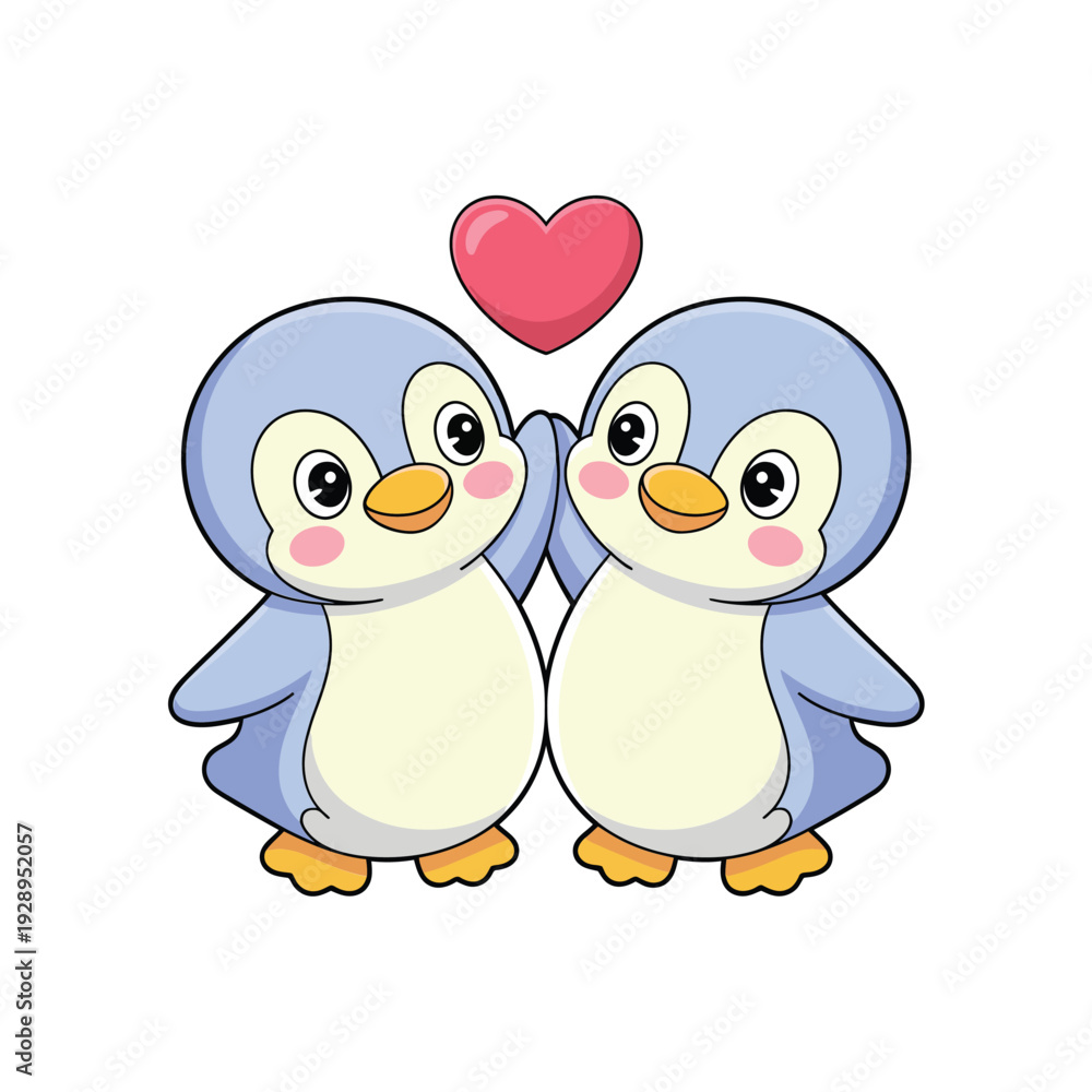 Fototapeta premium Cute penguin couple with heart love valentines greeting romance flat vector illustration set