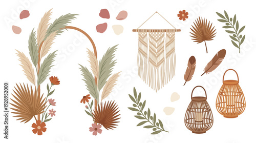 Bohemian wedding decor elements including pampas grass, dried palm leaves, feathers, macrame wall hanging, and lanterns.