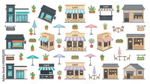 A vibrant collection of diverse small business storefronts and cafes, featuring various architectural styles, awnings, outdoor seating, and potted plants.