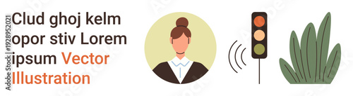 Communication systems, urban planning, environmental awareness, business concepts, digital networks, social strategies. Woman portrait, traffic light green plant. Communication systems and urban