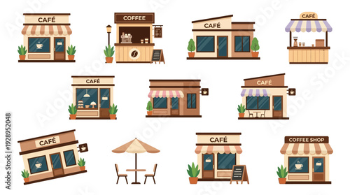 Collection of charming and diverse cafe and coffee shop storefronts, featuring various architectural styles and outdoor seating options.