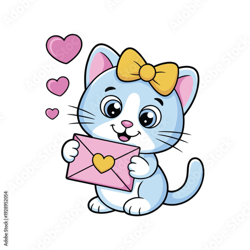 Adorable cat with bow holding heart letter valentines greeting mascot love stickers flat vector illustration design