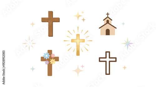 A collection of Christian crosses and a church building, adorned with sparkling lights and flowers, symbolizing faith and spirituality.