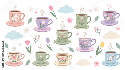 A charming collection of ten steaming teacups adorned with delicate floral patterns, set against a whimsical backdrop of clouds and scattered blossoms.
