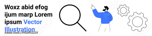 Business strategy, project management, search tools, process optimization, problem-solving, business operations. A person pointing with magnifying glass and gear icons. Search tools and business