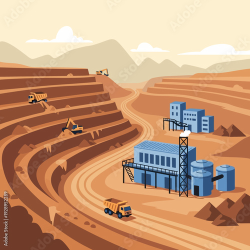 Mining Operation with Trucks and Buildings.