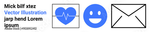 Healthcare, communication, digital message delivery, emotional wellness, health monitoring, customer support. Heartbeat icon, happy face envelope design. Healthcare and communication visual concepts