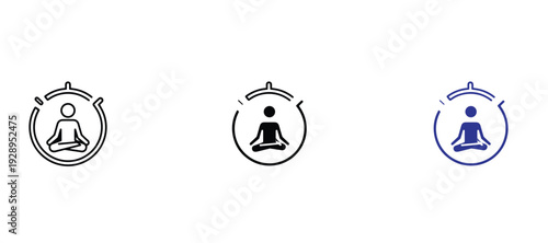 Meditation and mindfulness timer icon set. Yoga person in lotus pose with stopwatch circle for relaxation, mental health, wellness apps, and stress management vector illustrations.