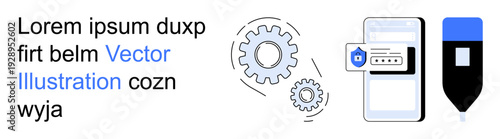 Online security, mobile technology, cyber protection, verification methods, user authentication, digital tools. Smartphone with shield icon, gears and pen. Online security and mobile technology