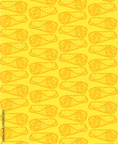 Kebab Seamless Pattern. Grilled Meat Wrap Motif. Hand Drawn Outline Style. Repeating Fastfood Background. Packaging Textile Design.