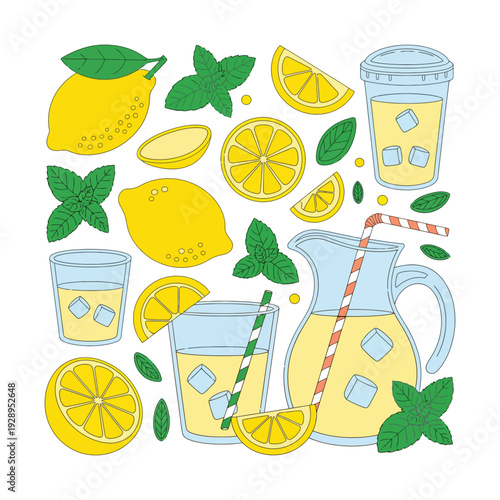 Hand Drawn Lemonade Set with Glass Pitcher Citrus Fruit and Mint Isolated on Light Background