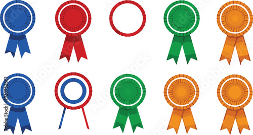 Award Ribbon Rosette Set in Multiple Colors, Winner Prize Badge Collection for Competition Achievement Vector Illustration
