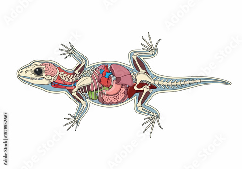 Anatomical illustration of a lizard's internal organs and skeletal structure, showcasing its biology and anatomy