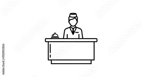 Simple line illustration of a person wearing a face mask behind a counter from a straightforward front viewpoint