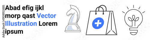 Business strategy, online shopping, healthcare services, creative solutions, innovation, digital marketing. Chess piece, medical shopping bag light bulb. Business strategy and online shopping