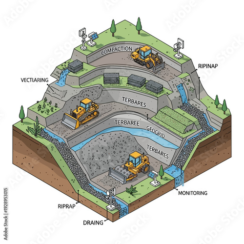 Quarry Mining Process Stages Diagram Illustration.