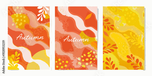 Three abstract autumn banners with floral and leaf motifs