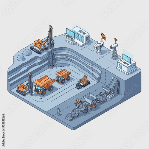 Isometric View of Industrial Machinery and Vehicles.