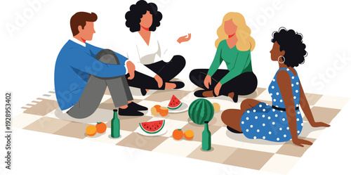 Diverse Friends Having Outdoor Picnic Together, Multicultural Group Sitting on Blanket with Watermelon and Fruits, Summer Social Gathering Vector Illustration