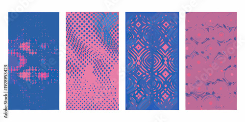 Four vertically oriented panels display abstract pink and blue patterns